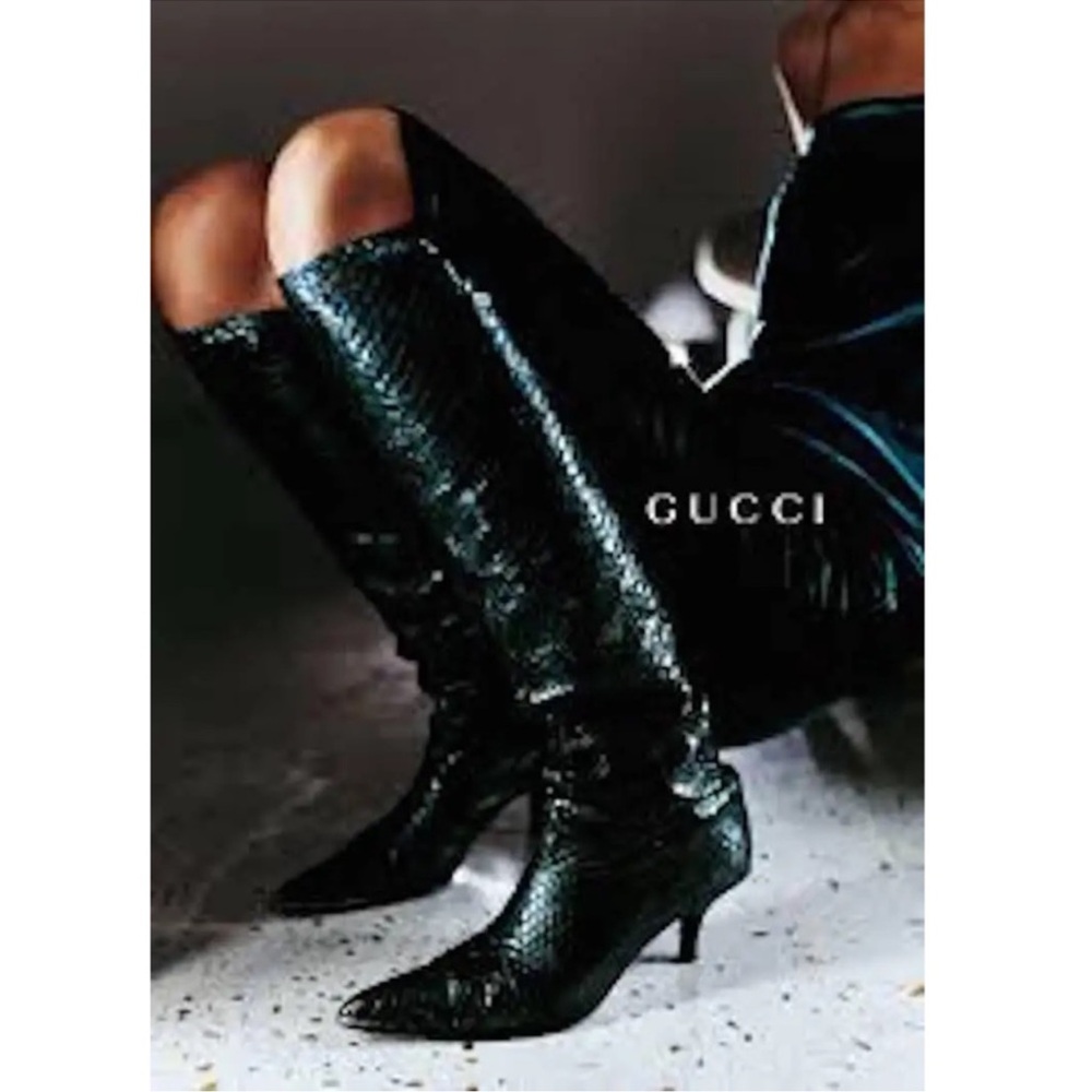Vintage 90s Gucci Tom Ford Python Snakeskin Green Slip On Long Knee High Boot - Picture 2 of 14